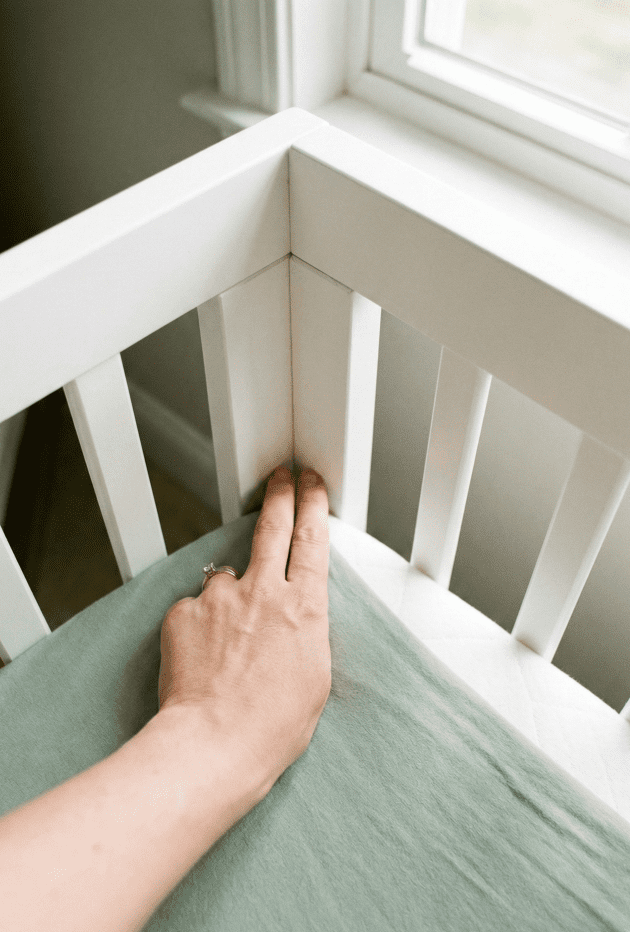 A hand inserting two fingers between a crib mattress and the crib frame to check for gaps. The fit is tight, demonstrating a safe sleep environment.