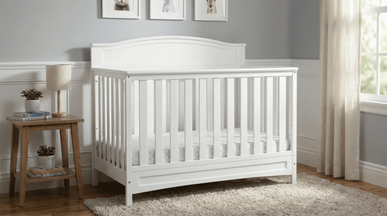 A styled nursery featuring the white Delta Children Emery 4-in-1 Convertible Crib, the subject of our comprehensive Delta Children Emery 4-in-1 crib review.