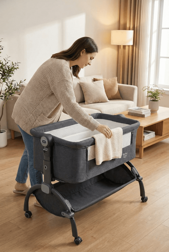 BABYJOY Rocking Bassinet Review: Best Budget Travel Sleeper in 2026? 4 A mother organizing blankets inside the BABYJOY 3-in-1 rocking bassinet, showing its size and ease of access.