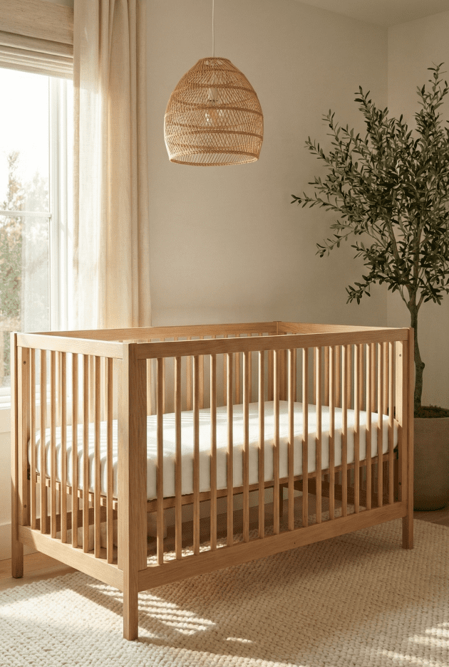 A stylish, modern nursery featuring a bare crib with no bumpers or blankets, demonstrating safe sleep guidelines for SIDS prevention.