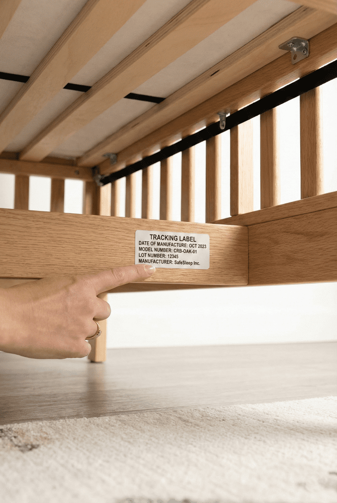 A finger pointing to the permanent tracking label located on the bottom rail of a crib, showing the date of manufacture and model number for recall checks.