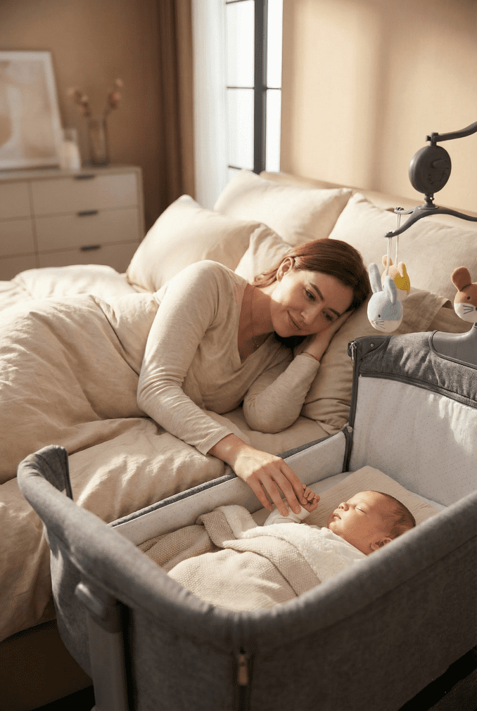 A mother in bed easily reaching her baby through the zipped-down side panel of the grey Adovel bedside bassinet.
