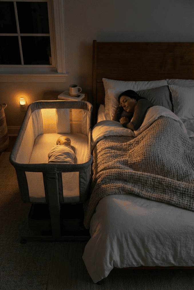 A parent sleeping soundly next to an Arm's Reach Clear-Vue bassinet lit by a warm nightlight, with a baby sleeping safely inside.