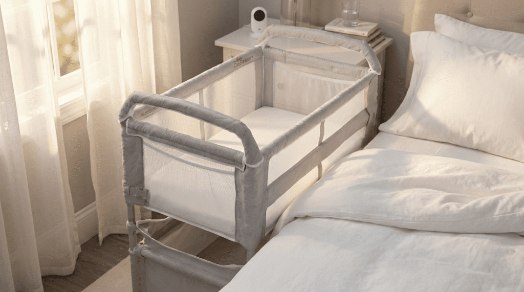 Arm's Reach Clear-Vue Co-Sleeper Review attached to a high adult bed showing breathable mesh walls and storage basket for the Arm's Reach Clear-Vue Review.