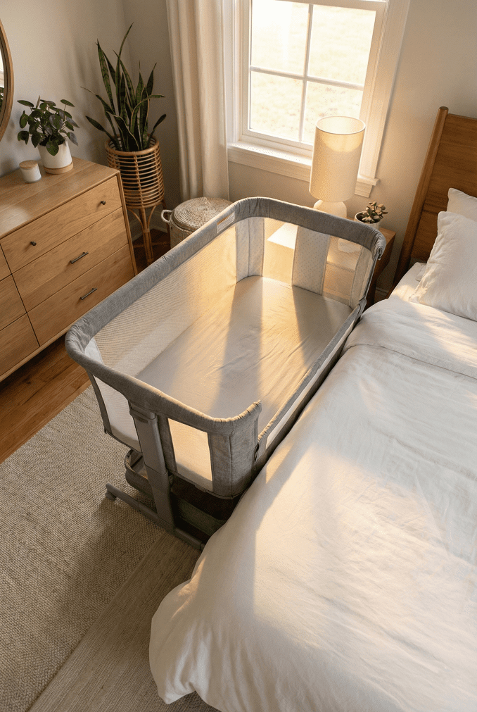A top-down view of the grey Arm's Reach Clear-Vue bedside bassinet securely attached to a tall adult bed, showing its mesh walls and stable base.