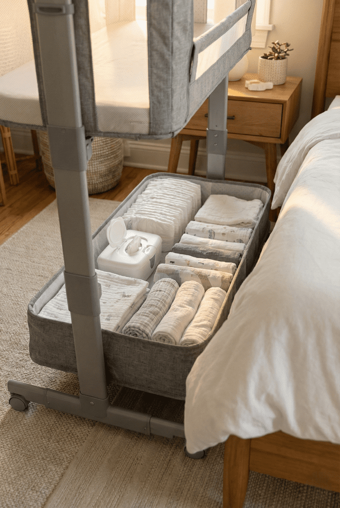 The large under-bassinet storage compartment of the Arm's Reach Clear-Vue filled with diapers, wipes, and baby essentials.