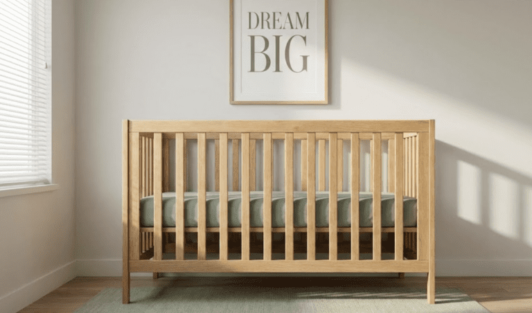 Crib Safety Standards: A CPSC-compliant wooden baby crib in a modern nursery featuring safe slat spacing of 2-3/8 inches, fixed sides, and a bare firm mattress with no bumpers or pillows.