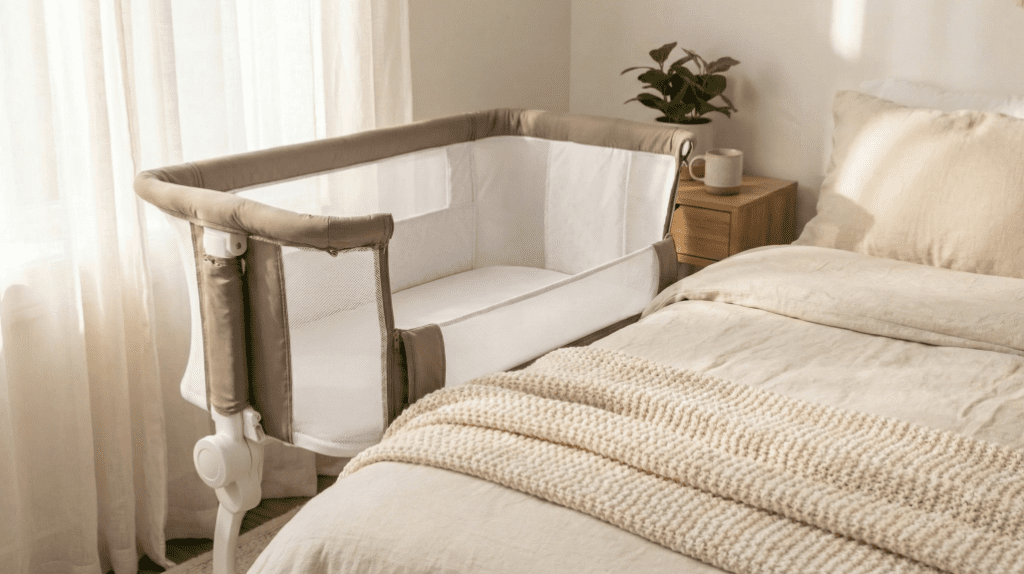 aby Delight Beside Me Dreamer bedside sleeper with breathable mesh walls attached to an adult bed, illustrated for a Baby Delight Beside Me Dreamer review.