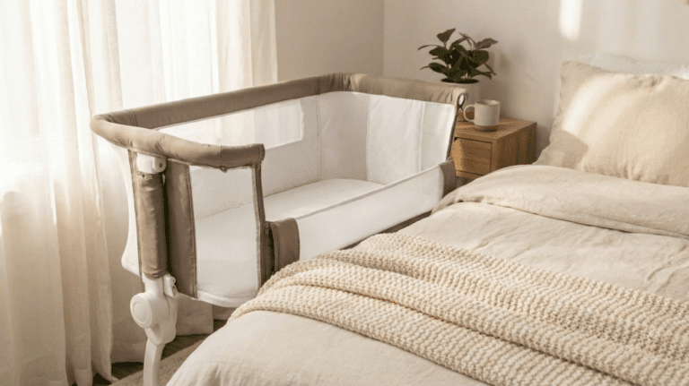 aby Delight Beside Me Dreamer bedside sleeper with breathable mesh walls attached to an adult bed, illustrated for a Baby Delight Beside Me Dreamer review.