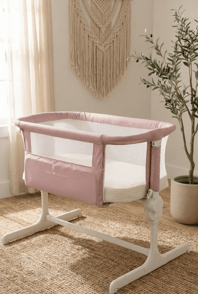 Baby Delight Beside Me Dreamer Review: A Safe Halo Alternative in 2026? 1 A vertical photograph of the taupe and white Baby Delight Beside Me Dreamer bassinet, as seen in the reference image, set up in a cozy, sunlit nursery with boho decor like a jute rug and macrame.
