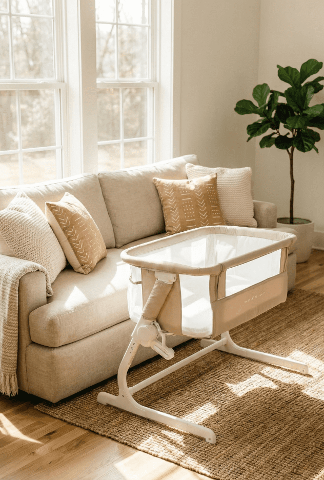 Baby Delight Beside Me Dreamer Review: A Safe Halo Alternative in 2026? 5 A vertical shot of the lightweight Baby Delight bassinet from the reference image, positioned in a sunlit living room next to a sofa, illustrating its portability.