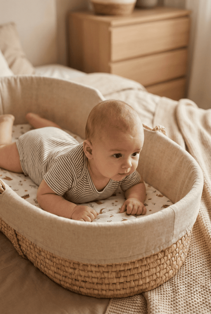A baby pushing up on hands and knees inside a bassinet, demonstrating the risk of falling out or tipping the bassinet.