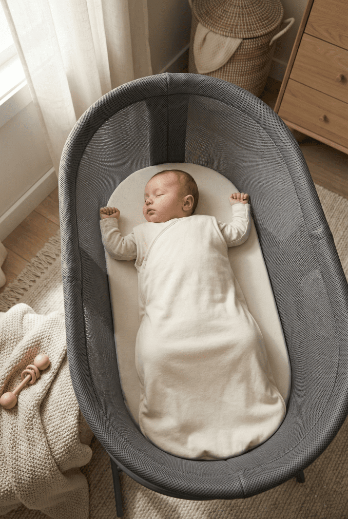 Top down view of a baby sleeping in a bassinet with shoulders touching the mesh sides, indicating they have outgrown the space.