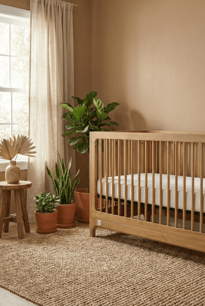 babyGap Wren crib in an organic nursery setting with natural textures, jute rug, and terracotta accents.