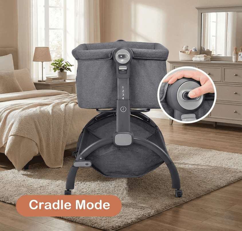 BABYJOY Rocking Bassinet Review: Best Budget Travel Sleeper in 2026? 2 The curved rocking legs of the BABYJOY bassinet on a nursery rug, showing the manual rocking feature.