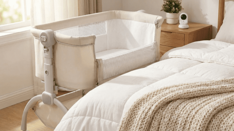 A beige BABY JOY Rocking Bassinet set up in bedside sleeper mode next to an adult bed in a cozy bedroom, as featured in this BABYJOY Rocking Bassinet review.