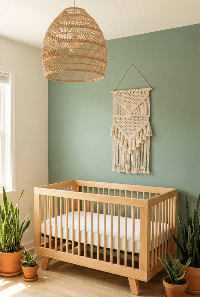 The Babyletto Hudson 3-in-1 convertible crib styled in a boho modern nursery with sage green walls, rattan decor, and plants.