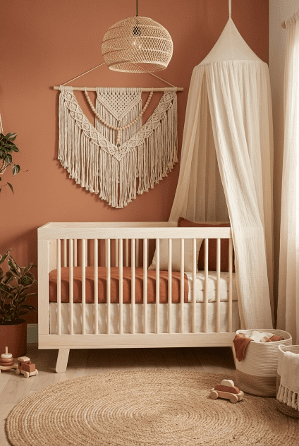 A bohemian Scandinavian styled nursery featuring the bed from our Babyletto Hudson 3-in-1 crib review.