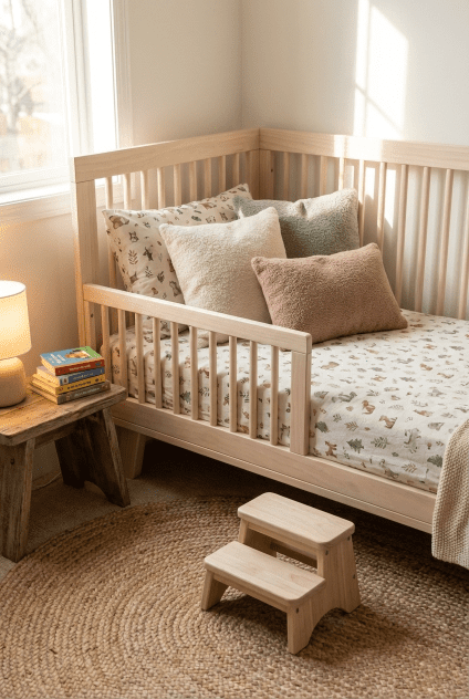 The toddler bed stage shown in our Babyletto Hudson 3-in-1 crib review, highlighting the included conversion rail.