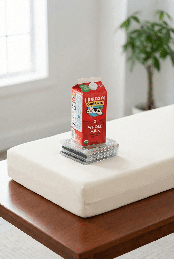 A visual representation of the CD and Milk Carton test to check if a bassinet mattress is firm enough for safe sleep.