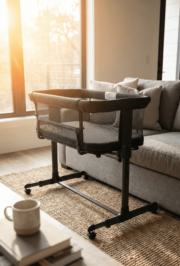 KoolerThings 3 in 1 Bassinet Review: A Safe Budget Pick? 4 The KoolerThings bassinet with wheels parked in a sunlit living room next to a sofa, showing its portability.