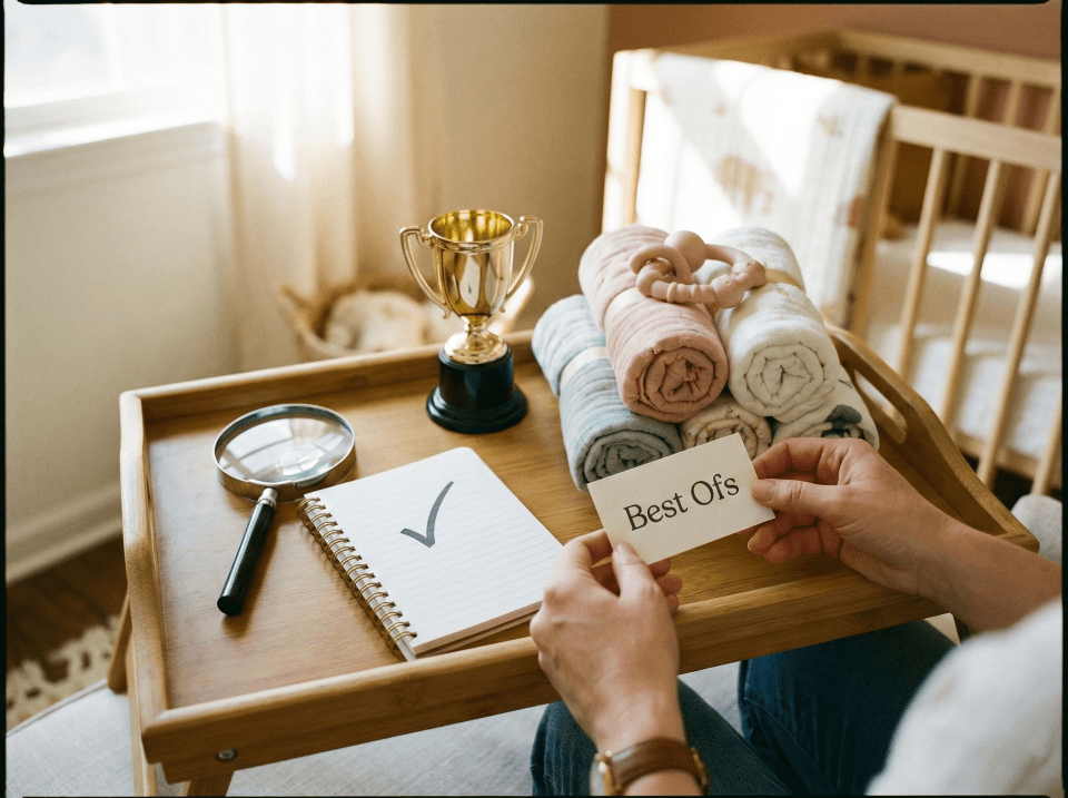 A curated collection of baby items and a checklist representing the "Best Of" product category for new parents.