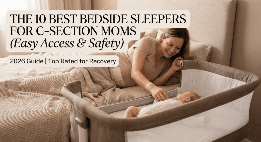 A mother recovering from a C-section smiles at her newborn in a grey bedside sleeper with a drop-down side wall for easy access. Text overlay reads: "The 10 Best Bedside Sleepers for C-Section Moms (Easy Access & Safety) - 2026 Guide.