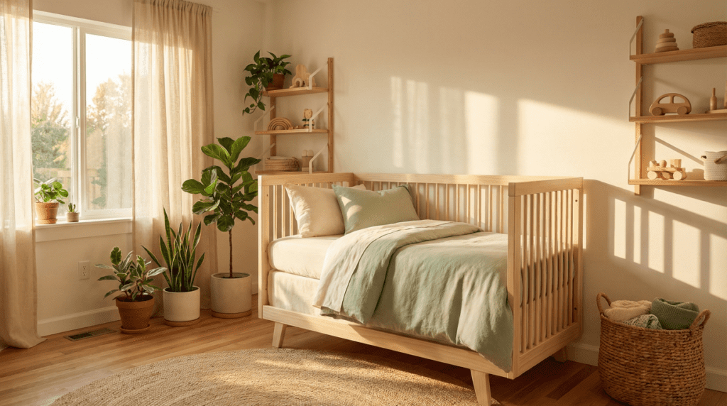 A sunlit, eco-friendly nursery featuring a natural wood crib surrounded by plants and organic textures, representing safe sleep spaces.