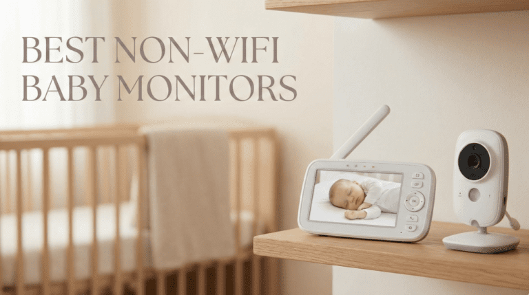 A white non-WiFi baby monitor parent unit displaying a sleeping baby, next to its camera unit on a wooden shelf. The text "BEST NON WIFI BABY MONITORS" is overlaid above. A wooden crib is in the blurred background.