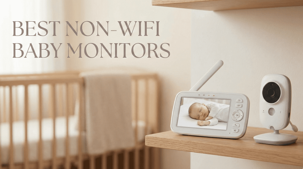 A white non-WiFi baby monitor parent unit displaying a sleeping baby, next to its camera unit on a wooden shelf. The text "BEST NON WIFI BABY MONITORS" is overlaid above. A wooden crib is in the blurred background.