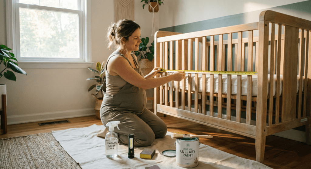 A pregnant mother kneeling in a nursery, using a tape measure to check the slat gaps of a used wooden crib to ensure it meets safety standards before buying a used crib.