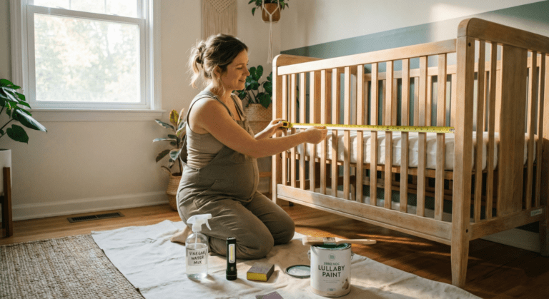 A pregnant mother kneeling in a nursery, using a tape measure to check the slat gaps of a used wooden crib to ensure it meets safety standards before buying a used crib.