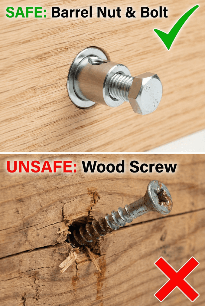 A comparison showing the difference between a safe original barrel nut crib bolt and a dangerous DIY wood screw substitution on a used crib.