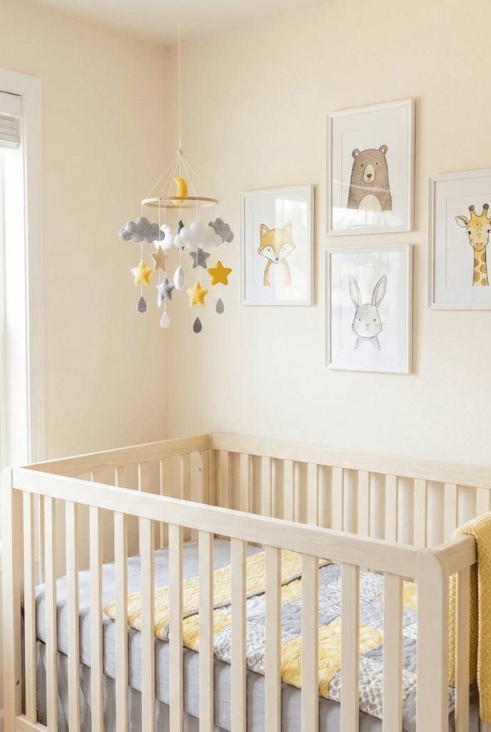 Davinci Colby 4-in-1 crib styled in a gender-neutral nursery with grey and yellow accents and an animal print gallery wall.
