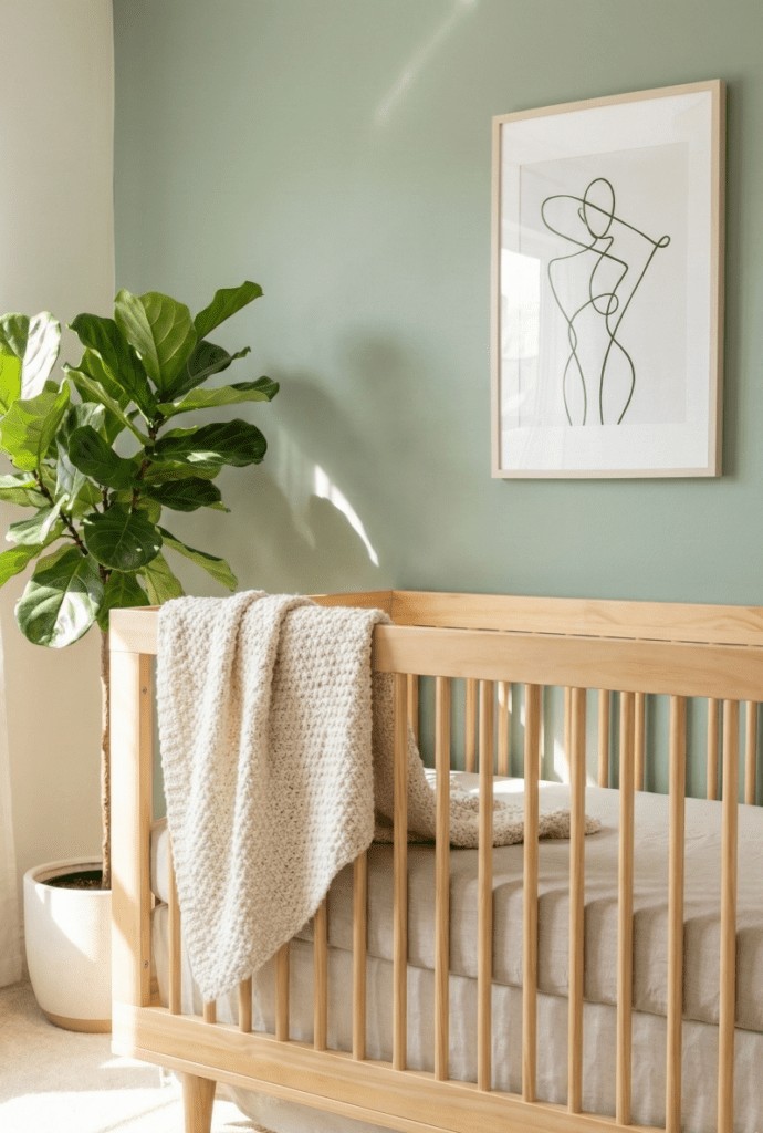 A styled modern nursery featuring the Davinci Marley 3-in-1 Convertible Crib with mid-century legs against a sage green wall, the subject of our crib review.