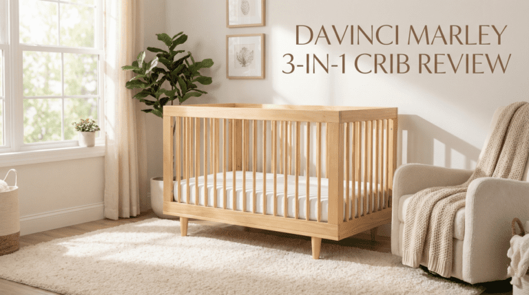 Featured image for the Davinci Marley 3-in-1 crib review, showing the natural wood crib in a sunlit, modern nursery setting with text overlay that reads "DAVINCI MARLEY 3-IN-1 CRIB REVIEW".