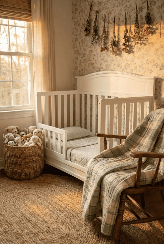 Delta Children Emery 4-in-1 crib with a solid headboard in a cozy cottage core nursery setting with warm lighting.