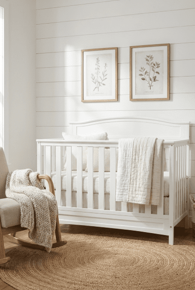 A cozy modern farmhouse nursery featuring the Delta Children Emery 4-in-1 crib, the subject of our Delta Children Emery 4-in-1 crib review.