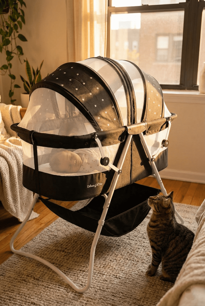 Dream On Me Karley Bassinet Review (2026): Cat-Proof & Compact? 1 A domestic tabby cat sits on the floor looking up at a baby sleeping safely inside a fully zipped Dream On Me Karley bassinet with canopy in a cozy bedroom.
