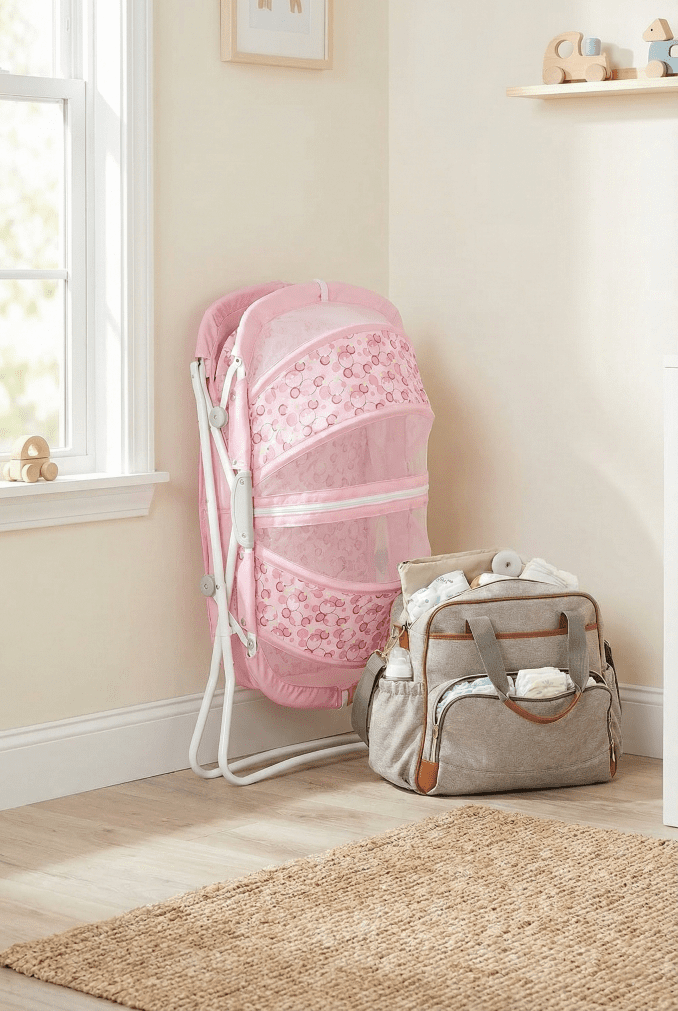 Dream On Me Karley Bassinet Review (2026): Cat-Proof & Compact? 3 The lightweight Dream On Me Karley bassinet shown folded completely flat against a wall, ready for travel or storage.