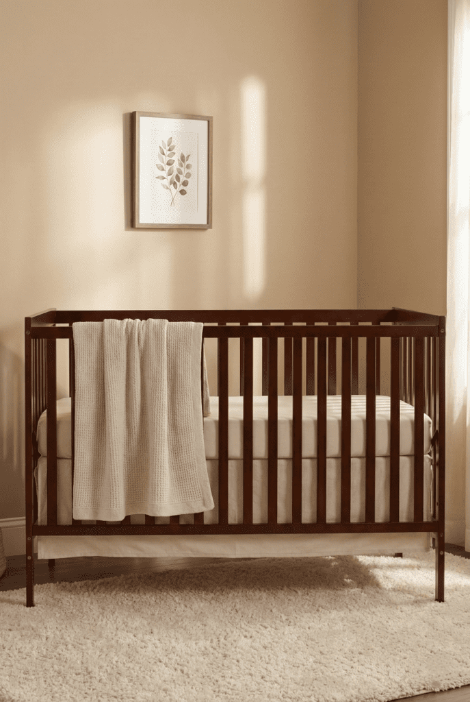 Vertical shot of the Dream On Me Synergy 5-in-1 crib review styled with neutral bedding in a cozy nursery setting.