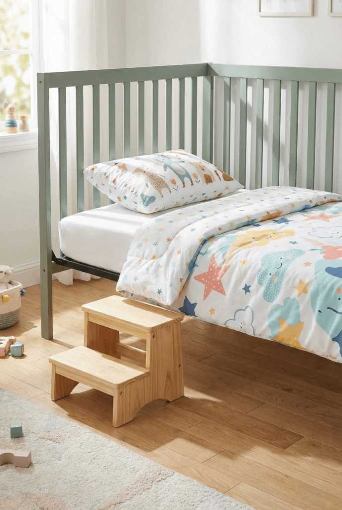 The Dream On Me Synergy 5-in-1 crib review shown converted into the toddler bed stage with bedding.