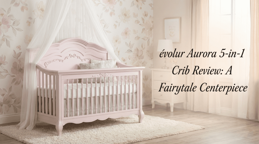 Featured header image for the évolur Aurora 5-in-1 crib review showing the blush pink convertible crib in a romantically styled nursery with floral wallpaper, a sheer canopy, and text overlay that reads "évolur Aurora 5-in-1 Crib Review: A Fairytale Centerpiece".
