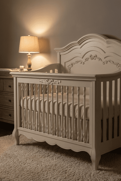 A warm, dimly lit evening shot of the évolur Aurora convertible crib in a peaceful nursery, emphasizing a safe sleeping environment.