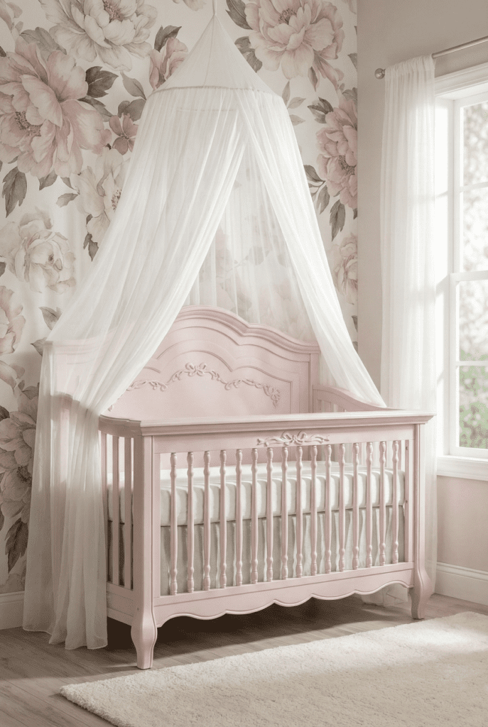 A vertical shot of a fairytale-themed nursery featuring the evolving Aurora 5-in-1 convertible crib with a sheer canopy and floral wallpaper.