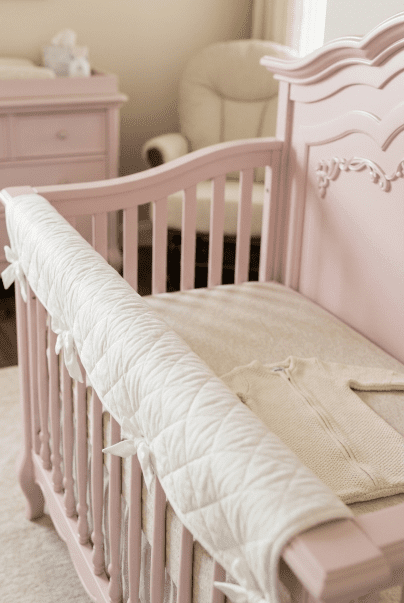 The évolur Aurora crib shown with a fabric rail cover tied to the front rail to protect the finish from teething toddlers.