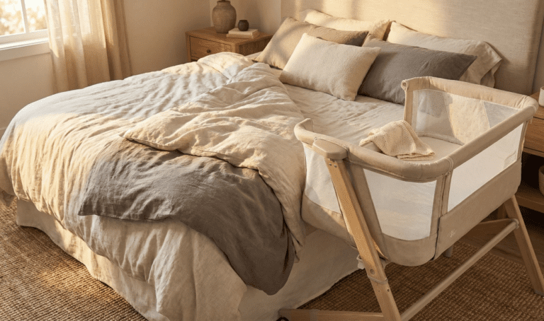 A horizontal photograph of the wood-finish Evolur Stellar Bassinet set up next to an adult bed with its drop-side panel lowered, as featured in this Evolur Stellar Bassinet review.