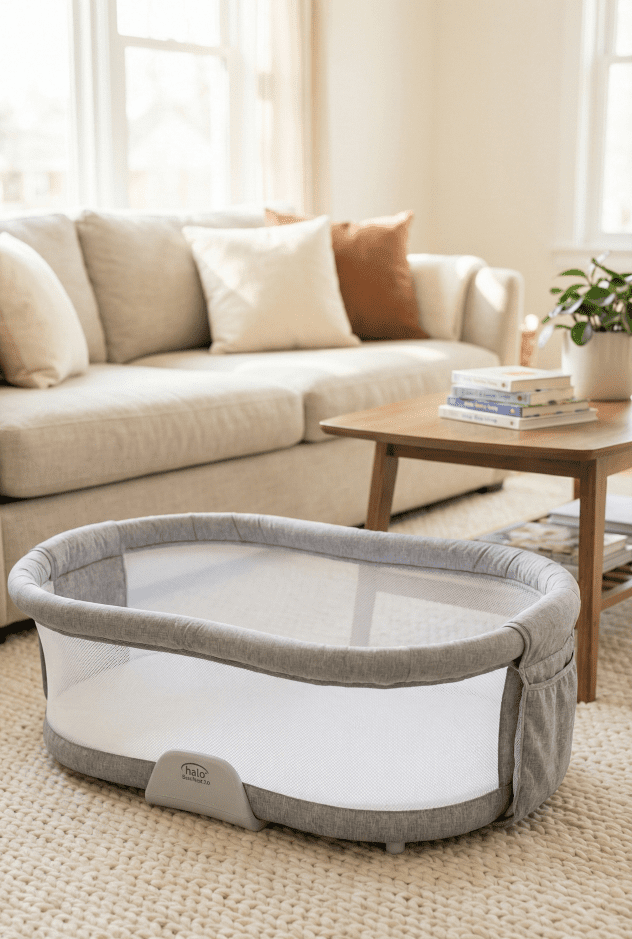 The detachable sleeping nest of the Halo BassiNest 3.0 shown sitting on a living room rug, demonstrating the portable feature of the 3.0 model upgrade.