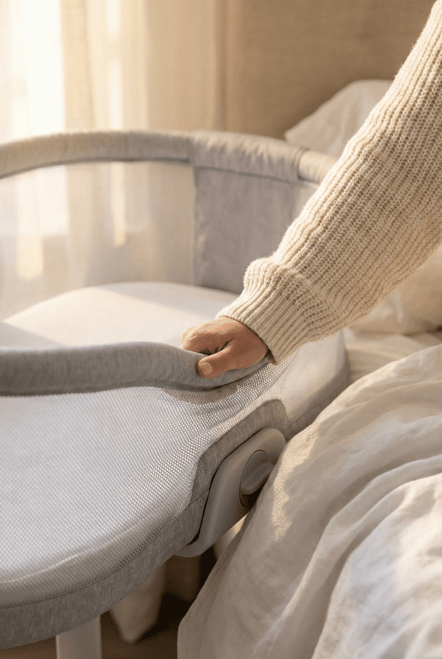 A close-up photograph for a Halo BassiNest 3.0 review showing a mother's arm gently pushing down the lowering mesh bedside wall to access the sleeping area without bending.
