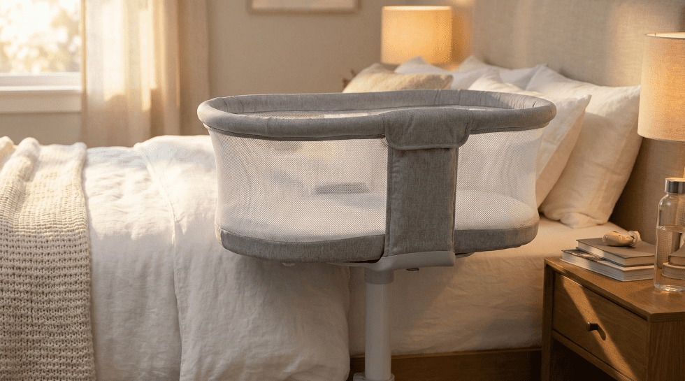 A lifestyle photograph used for a Halo BassiNest 3.0 Review, showing the grey swivel sleeper bassinet positioned over an adult mattress in a sunlit bedroom, demonstrating bedside accessibility for postpartum moms.